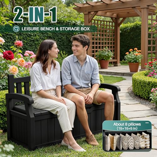 Devoko 80 Gallon Storage Bench Deck Box Lockable for Patio Furniture, Garden Decor and Outdoor Seating for Cushions, Garden Tools and Pool Supplies (Black)