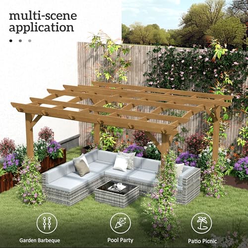 Outsunny 10' x 12' Outdoor Pergola with Arched Roof for Climbing Plant Support, Wood Gazebo Grape Trellis with Stable Structure, Concrete Anchors for Patio, Garden, Deck, Backyard, Dark Brown