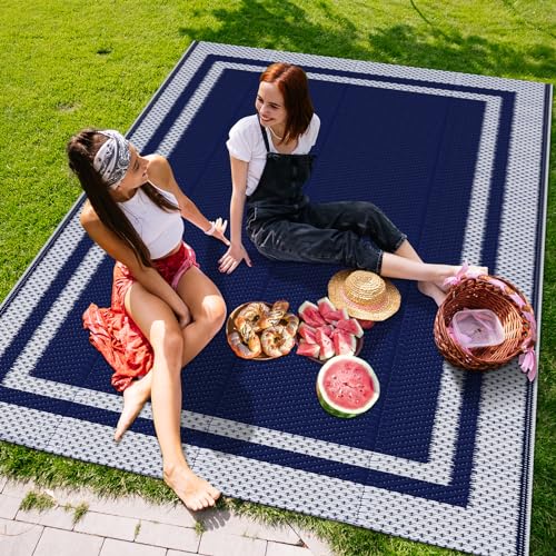 KMAT Outdoor Rug, Waterproof Reversible Patio Rugs, 5x8ft Large Outdoor Area Rug Foldable Plastic Camping Rugs for Outside RV, Patio,Picnic,Camper,Balcony,Porch (Blue &White)