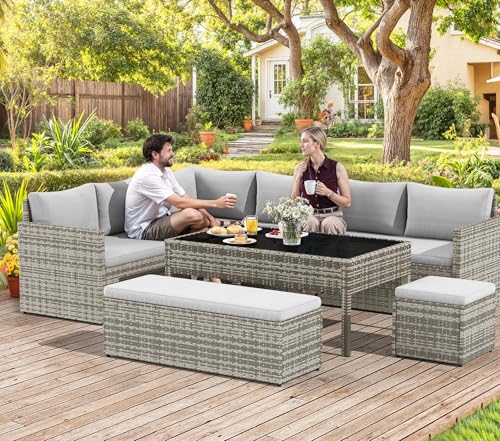 YITAHOME 9 Piece Patio Furniture Set, All-Weather Wicker Outdoor Sectional Sofa with Lift-Top Coffee Table & Ottoman, Patio Conversation Set for Deck, Backyard, Porch - Gray Gradient