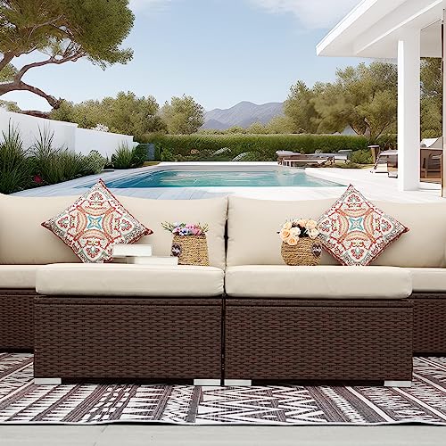 NICESOUL 8 Seat 29.3'' High Back Outdoor Furniture Set, Extra Large Rattan Patio Conversation Sets, Deep Seating Modular Sectional with Ottoman, Oversized Conversations for Backyard, Brown and Beige