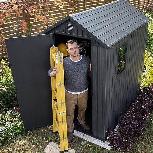 Keter Darwin 4x6 Feet Outdoor Storage Shed, Graphite Gray – Lockable Resin Organizer Unit with Single Door, Window, and Skylight for Backyard, Garden, or Lawn Organization