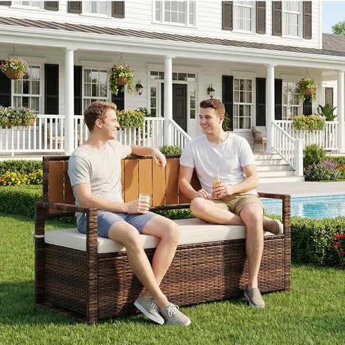 75 Gallon Outdoor Storage Bench with Cushion, 2-Seater PE Rattan Patio Storage Box with Backrest & Armrests, Weatherproof Lockable Deck Box for Garden, Balcony, Porch, Pool, Yard, Dark Brown