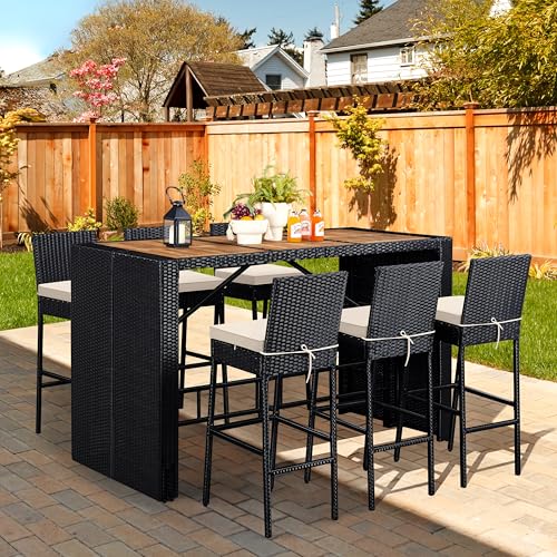 Yaheetech 7 Piece Patio Dining Set Outdoor Acacia Wood Bar Table and Chairs with Removable Cushions, Wicker Furniture Set for Deck, Backyard, Garden, Black/Beige