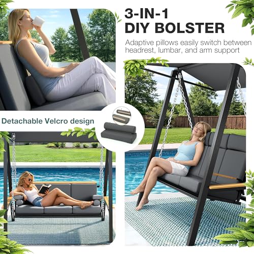 Pamapic 3-4 Seat Porch Swing with Stand, 990lbs Heavy Duty Outdoor Swings for Adults with 4“ Thick Cushions, Breathable Textilene Mesh Base, Adaptive Pillow, Adjustable Canopy, Side Trays for Backyard