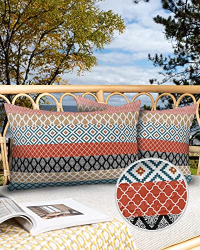 Coutious Outdoor Waterproof Throw Pillow Covers Boho Stripe Tribal Vingtage Lumbar Pillowcases Bohemian Style Pattern Decorative Pillows Cushion Case Patio Pillows for Couch Bed Garden 20 x 12 Inches