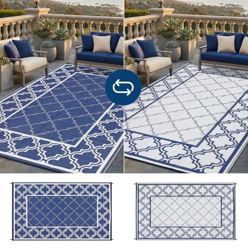 Garvee Reversible Outdoor Rug 5x8, Waterproof Outdoor Plastic Straw Rug with Interlacing Pattern, RV Mat for Picnics, Patio, Camping, Balcony, Deck, Backyard, Porch, Blue