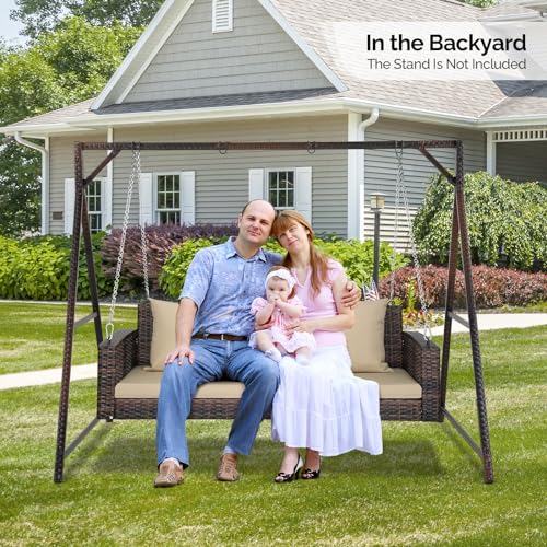 VINGLI Heavy Duty 800 LBS Wicker Hanging Porch Swing with Cushions & Chains, 5FT Outdoor Rattan Swing Bench for Garden, Yard, Lawn (Brown)