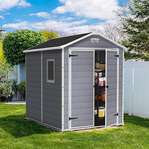 Keter Manor 6x8 Foot All Weather Garden Tool Outdoor Storage Shed with Lockable Double Doors, Fixed Window and Wood-look Resin Walls, Grey