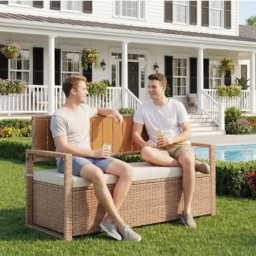 Outdoor Storage Bench with Cushion, 2-Person All-Weather PE Rattan Patio Bench with Backrest & Armrests, Waterproof Wicker Deck Box Seat for Garden, Porch, Poolside & Backyard, Metal Frame，Yellow