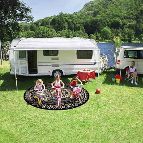 Round Outdoor Rugs for Patios, 6Ft Waterproof Reversible Plastic Straw Mat with Carry Bags, Boho Lightweight Outdoor Carpet Portable Round Floor Mat for Patio Camping Picnic Backyard RV,Black Camel