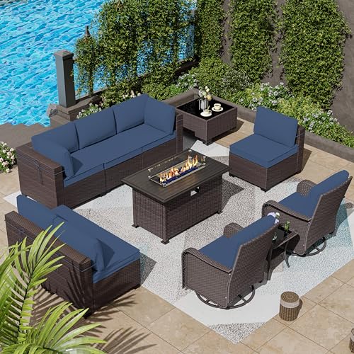 ASJMR 11 Pieces Patio Furniture Set with 2 Swivel Chairs Patio Furniture Outdoor Sectional Sofas with 55000 Gas Fire Pit Patio Conversation Set w/7 Cushions
