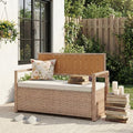 75 Gallon Outdoor Storage Bench, All-Weather PE Rattan Deck Box with Seat, Wicker Patio Furniture for Cushions, Garden Tools, Pool Accessories, Water-Resistant (Yellow Wicker & Beige Cushions)
