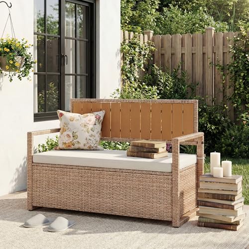 Outdoor Storage Bench with Cushion, 2-Person All-Weather PE Rattan Patio Bench with Backrest & Armrests, Waterproof Wicker Deck Box Seat for Garden, Porch, Poolside & Backyard, Metal Frame，Yellow