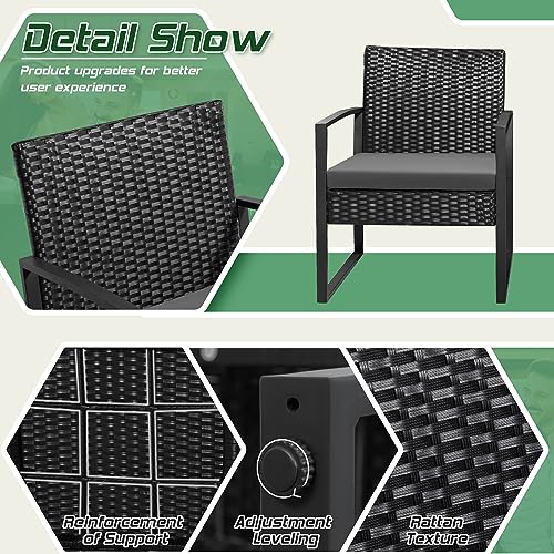 Homall Balcony 3 Piece Furniture Table Garden Backyard Outdoor Patio Use Porch Chairs Cushioned PE Wicker Bistro Set Rattan (Grey)