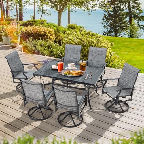 BUPPLEE Patio Dining Set for 6, 6 Piece Patio Swivel Chairs with 1 Piece Large Metal Rectangular Dining Table for Backyard Front Porch Pool Deck,Gray