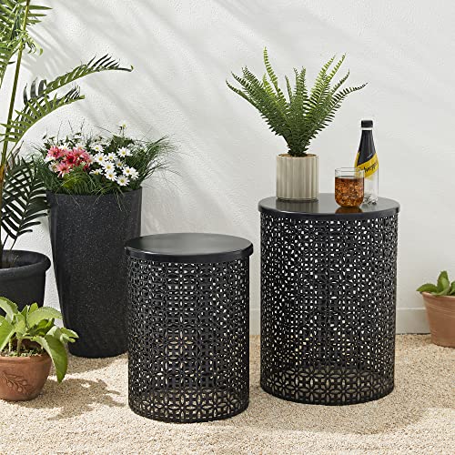 Glitzhome Outdoor Side Table Set of 2, Decorative Garden Stool for Patio Heavy Duty Metal Frame Accent Table Modern End Table, Glossy Black