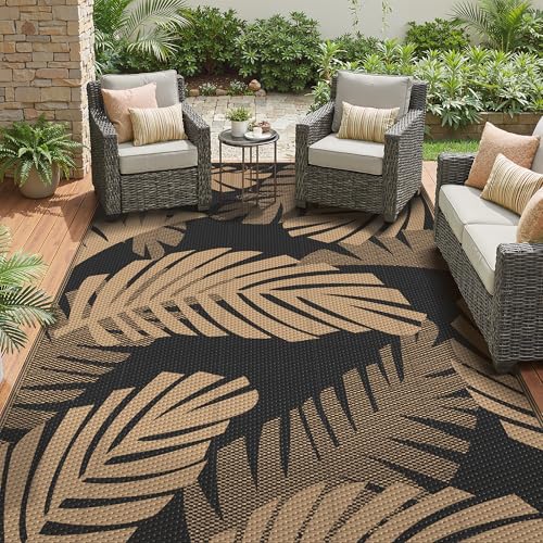 GENIMO Waterproof Outdoor Rug 9' x 12' for Patio Decor, Reversible Plastic Straw Area Rugs for Camping Clearance, RV Mat, Large Outside Carpet for Porch, Deck, Picni, Balcony, Garden, Black & Brown