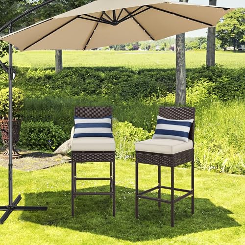 Yaheetech Set of 2 Patio Bar Stools, Outdoor PE Rattan Bar Height Chairs with Cushions & Footrests & Backrest for Indoor, Outdoor, Backyard, Porch, Max.Load 300Lb, Brown/Beige