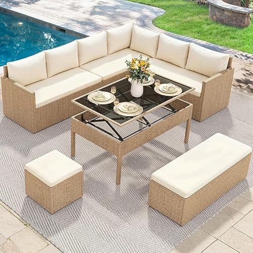 YITAHOME Outdoor Sectional Sofa Set, 6-Piece Patio Furniture with Lift-Top Table & Ottoman, All-Weather Wicker Conversation Set for Porch, Deck, Backyard (Light Brown and Beige)