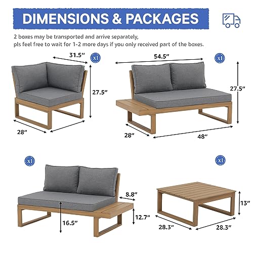 Soleil Jardin 4 Piece Acacia Wood Patio Furniture L-Shaped Outdoor Sectional Sofa Set with Coffee Table, FSC Certified Conversation Set with Built-in Side Table and Grey Cushions for Garden