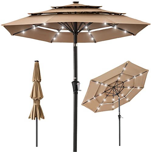 Best Choice Products 10ft 3-Tier Solar Patio Umbrella, Outdoor Market Sun Shade for Backyard, Deck, Poolside w/ 24 LED Lights