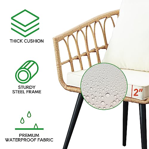 PORWEY 3 Piece Patio Bistro Set, Outdoor Wicker Apartment Balcony Furniture Sets, Rattan Table and Chairs Set of 2 for Porch Backyard Lawn Poolside Deck, Beige