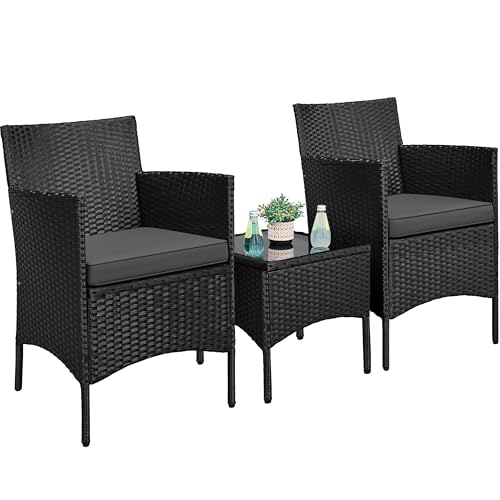 Yaheetech 3 Pieces Patio Porch Furniture Set, Outdoor PE Rattan Wicker Conversation Set with Soft Cushions