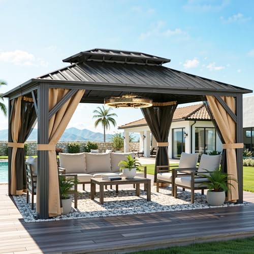 YITAHOME 9x11FT Hardtop Gazebo Double Roof Canopy w/Netting and Curtains