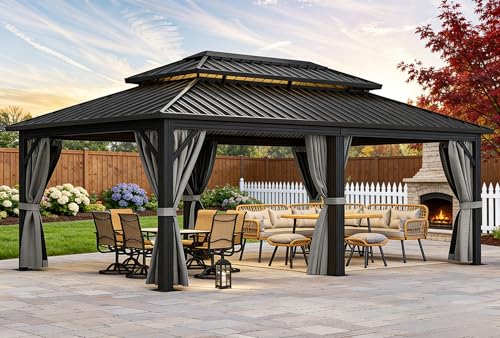 YITAHOME 12X20FT Gazebo Hard Top Patios Double Roof Aluminum Frame Garden Gazebo Tent Curtains Netting for Patios Backyards D