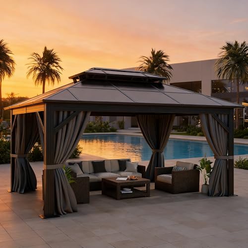 DWVO 10x12ft Gazebo Hardtop Double Roof Polycarbonate Canopy Outdoor with Netting and Shaded Curtains