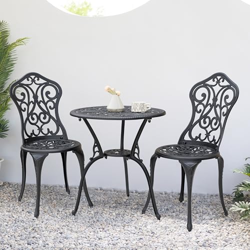NUU GARDEN 3 Pieces Patio Bistro Set, Outdoor Bistro Set with 2 Chairs, Round Table with Umbrella Hole, All-Weather Outdoor Patio Bistro Set for Garden, Lawn, Poolside, Porch, Black