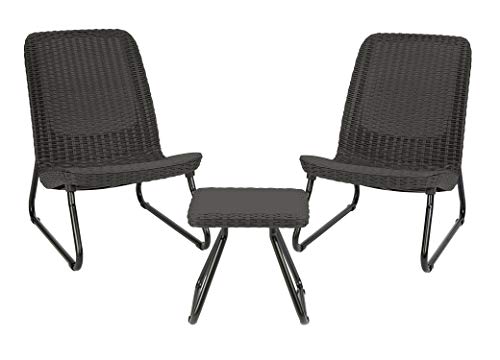 Keter Rio 3 Piece Resin Wicker Patio Furniture Set with Side Table and Outdoor Chairs for Front Porch and Backyard Decor