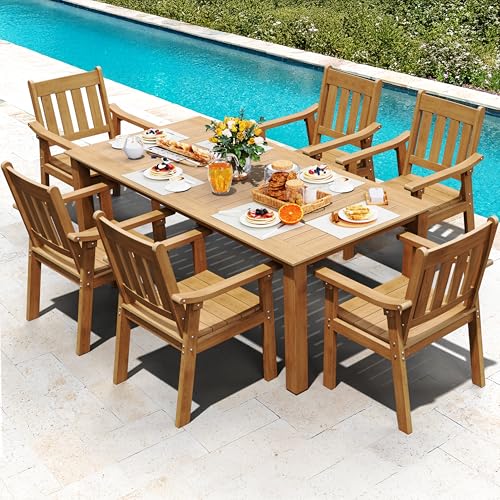 YEFU HIPS Patio Table Set: 7 Piece Outdoor Table and Chairs Dining Furniture Set with Umbrella Hole - Teak Modern Plastic Din
