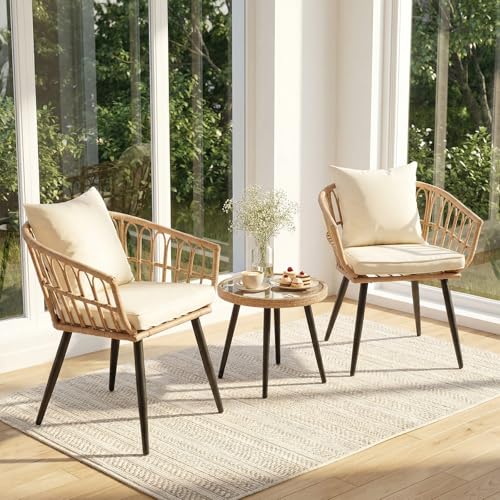MaagorVita 3 Piece Outdoor Patio Bistro Set, All-Weather Modern Wicker Table and Chairs Set for Backyard, Deck, Poolside