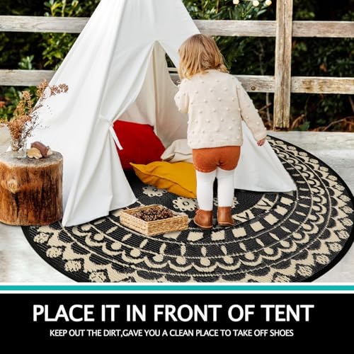 Capslpad 6Ft Round Outdoor Rug for Patio Reversible Mat Waterproof Plastic Straw Rug Boho Circle Indoor Outside Area Rug for RV Camping Picnic Pool Tent Balcony Beach Deck Doormats Decor, Beige