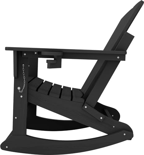 KINGYES Adirondack Rocking Chair with Retractable Ottoman and Cup Holders, HDPE Adirondack Rocker Patio Rocking Chair for Porch, Patio, Balcony, Black