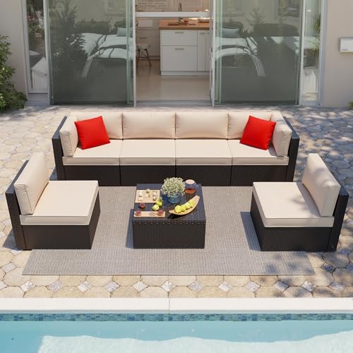 Shintenchi 7 Pieces Patio Furniture Sets Outdoor All-Weather Sectional Patio Sofa Set PE Rattan Manual Weaving Wicker Patio C
