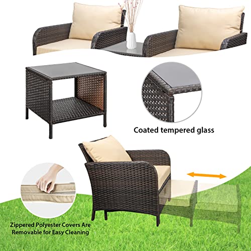 LEVELEVE Balcony Furniture 5 Piece Patio Conversation Set, PE Wicker Rattan Outdoor Lounge Chairs with Soft Cushions 2 Ottoman&Glass Table for Porch, Lawn-Brown Wicker