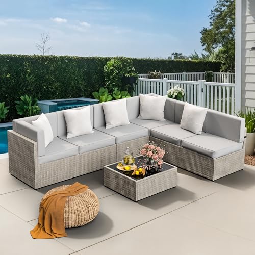 Pamapic 7-Piece Outdoor Sectional Furniture Set, All-Weather Wicker Patio Sofa with Washable Cushions, Gray Waterproof Rattan Conversation Set for Backyard, Poolside, Garden (Gray Cushions)