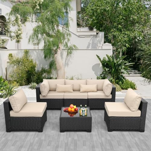 Rattaner Patio Sectional 6 Pieces All-Weather Wicker Patio Furniture Set Outdoor Sectional with Glass Table Non-Slip Cushions