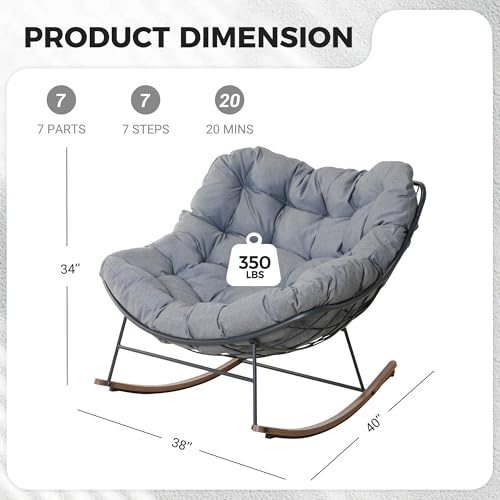 Grand patio Outdoor Rocking Chair, Oversized Papasan Rocking Chair with Thick Cushion, Indoor Outdoor Cozy Rocker for Balcony, Living Room, Patio, Gray