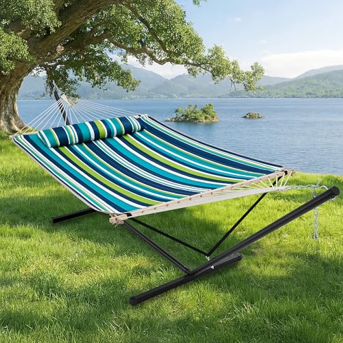 SUPERJARE 12ft Double Hammock with Stand, Rope Hammock for 2 Person, Detachable Hammock Bed and Pillow, Portable, Anti-Tip Safety Ropes, Carry Bag, Outdoor Backyard Patio Camping, Dark Cyan