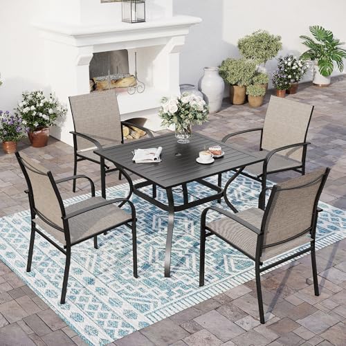 SUNSHINE VALLEY 5 Piece Patio Dining Set for 4, 37”x37” Square Table with Umbrella Hole, 4 Metal Brown Chairs
