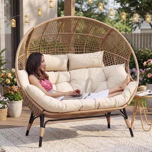 NICESOUL Double Egg Chair Indoor Outdoor Stationary Oversized 6.5" Thick Padded Cushions, 2 Person Egg Wicker Loveseat Chair