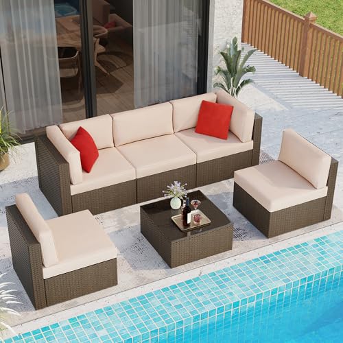 Shintenchi 6 Pieces Patio Furniture Sets Outdoor All-Weather Sectional Patio Sofa Set PE Rattan Manual Weaving Wicker Patio C
