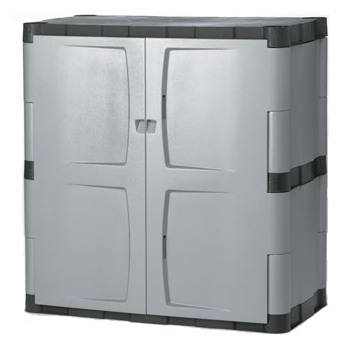 Rubbermaid Freestanding Storage Cabinet with Doors 18"D x 36"W x 37"H Medium Gray/Black Two-Shelf Lockable Cabinet for Indoor