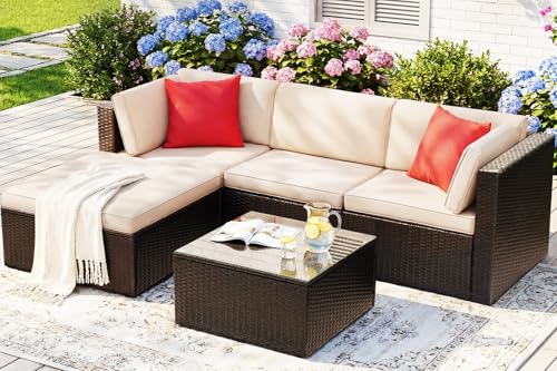 Devoko 5 Pieces Patio Furniture Sets All Weather Outdoor Sectional Patio Sofa Manual Weaving Wicker Rattan Patio Seating Sofa