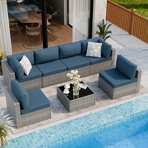 7 Piece Outdoor Patio Furniture Set, Silver PE Rattan Wicker Sectional Sofa