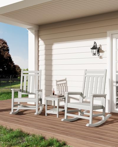GarveeLife Poly Lumber Rocking Chair Outdoor Set of 2 with Side Table - HDPE High Back Porch Rocker Chairs for Adults - All W